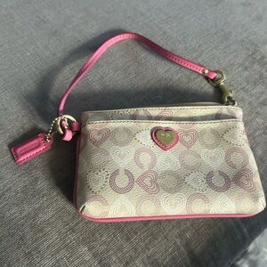 Coach Pink and Cream Heart Pattern Wristlet